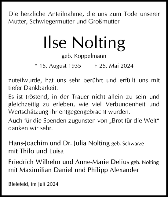 Traueranzeige von Ilse Nolting von Neue Osnabrücker Zeitung GmbH & Co. KG