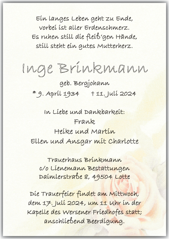 Traueranzeige von Inge Brinkmann von Neue Osnabrücker Zeitung GmbH & Co. KG