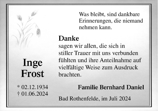 Traueranzeige von Inge Frost von Neue Osnabrücker Zeitung GmbH & Co. KG