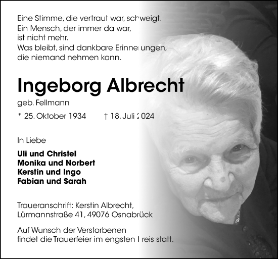 Traueranzeige von Ingeborg Albrecht von Neue Osnabrücker Zeitung GmbH & Co. KG