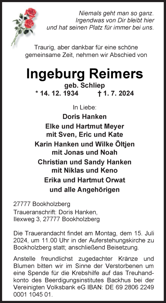 Traueranzeige von Ingeburg Reimers von DK Medien GmbH & Co. KG