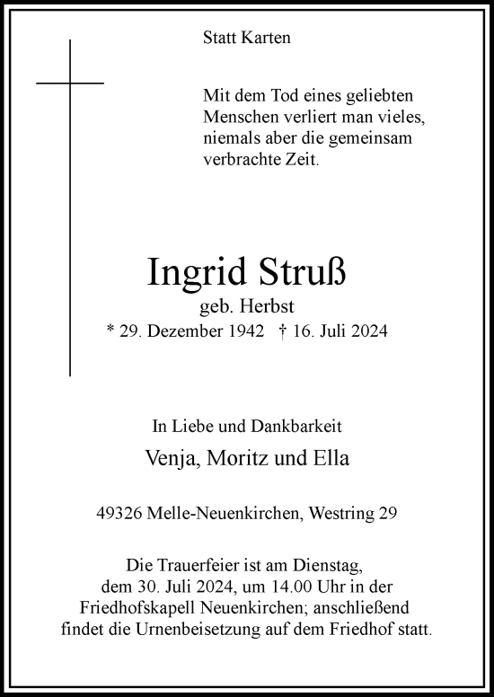 Traueranzeige von Ingrid Struß von Neue Osnabrücker Zeitung GmbH & Co. KG