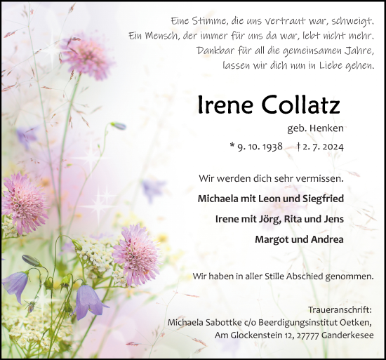 Traueranzeige von Irene Collatz von DK Medien GmbH & Co. KG