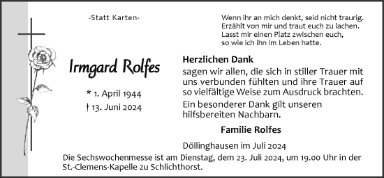 Traueranzeige von Irmgard Rolfes von Neue Osnabrücker Zeitung GmbH & Co. KG