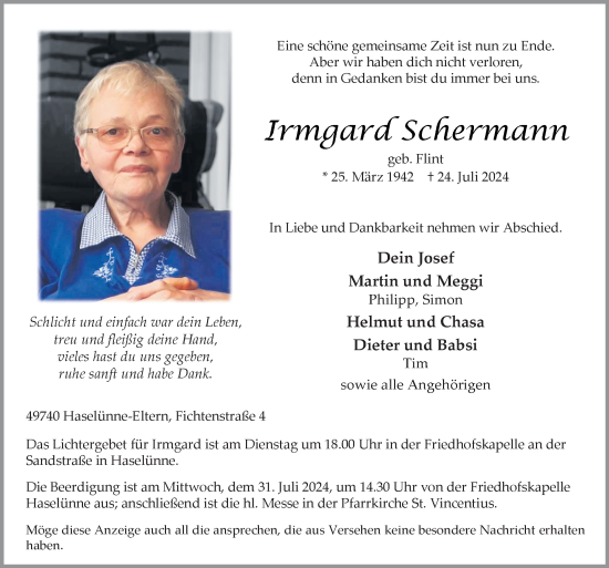 Traueranzeige von Irmgard Schermann von Neue Osnabrücker Zeitung GmbH & Co. KG