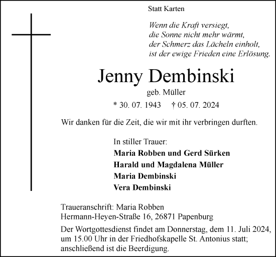 Traueranzeige von Jenny Dembinski von Neue Osnabrücker Zeitung GmbH & Co. KG