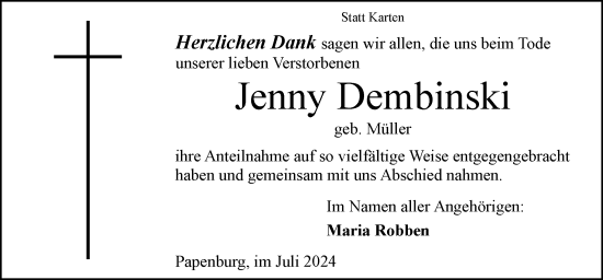 Traueranzeige von Jenny Dembinski von Neue Osnabrücker Zeitung GmbH & Co. KG