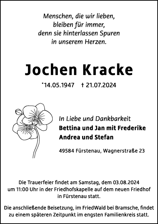 Traueranzeige von Jochen Kracke von Neue Osnabrücker Zeitung GmbH & Co. KG