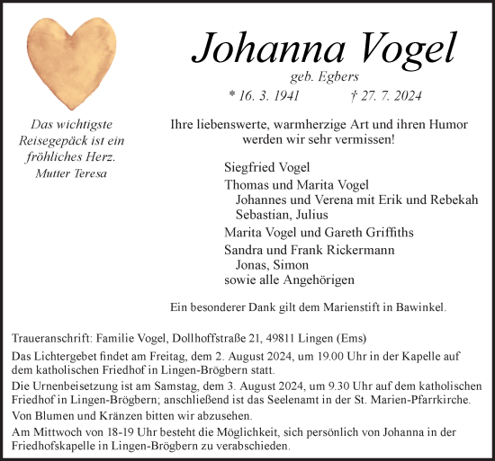 Traueranzeige von Johanna Vogel von Neue Osnabrücker Zeitung GmbH & Co. KG