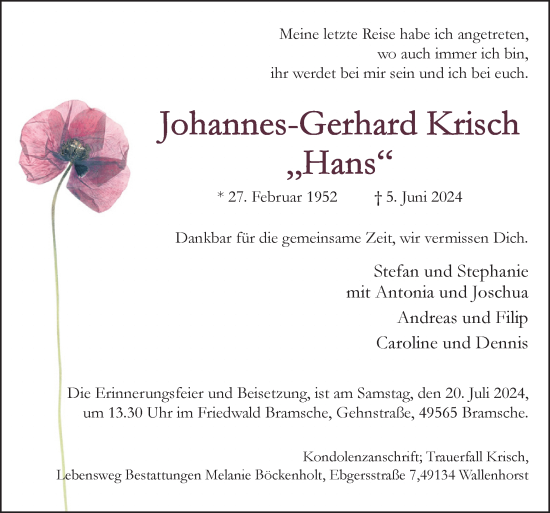 Traueranzeige von Johannes-Gerhard Krisch von Neue Osnabrücker Zeitung GmbH & Co. KG