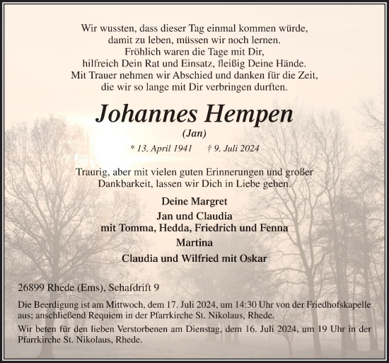 Traueranzeige von Johannes Hempen von Neue Osnabrücker Zeitung GmbH & Co. KG