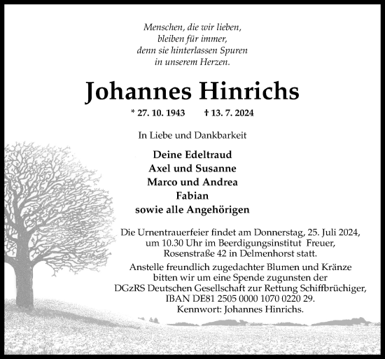Traueranzeige von Johannes Hinrichs von DK Medien GmbH & Co. KG