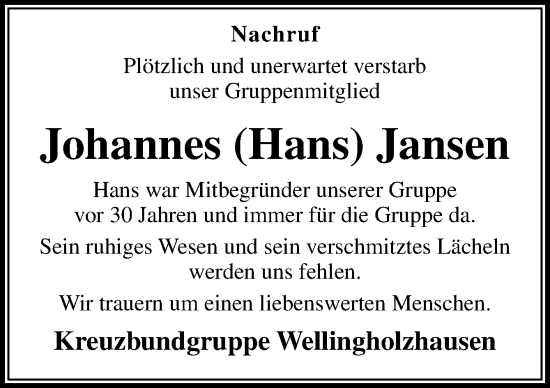 Traueranzeige von Johannes  Jansen von Neue Osnabrücker Zeitung GmbH & Co. KG