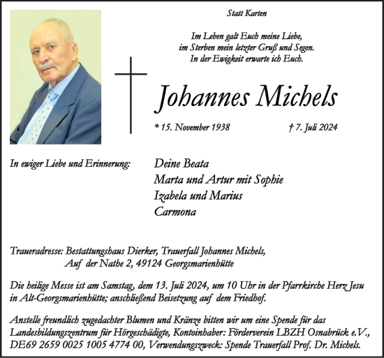 Traueranzeige von Johannes Michels von Neue Osnabrücker Zeitung GmbH & Co. KG