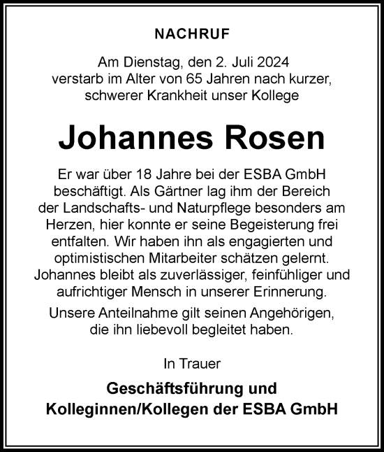 Traueranzeige von Johannes Rosen von Neue Osnabrücker Zeitung GmbH & Co. KG