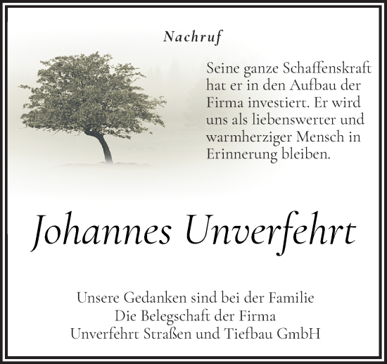 Traueranzeige von Johannes Unverfehrt von Neue Osnabrücker Zeitung GmbH & Co. KG