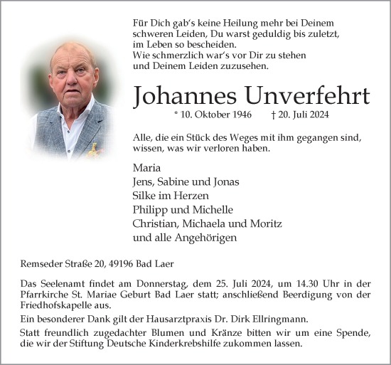 Traueranzeige von Johannes Unverfehrt von Neue Osnabrücker Zeitung GmbH & Co. KG