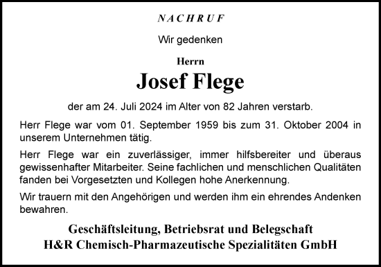 Traueranzeige von Josef Flege von Neue Osnabrücker Zeitung GmbH & Co. KG