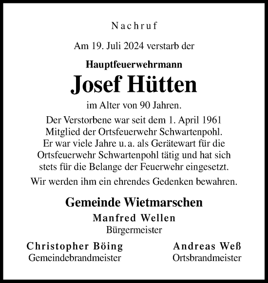 Traueranzeige von Josef Hütten von Neue Osnabrücker Zeitung GmbH & Co. KG