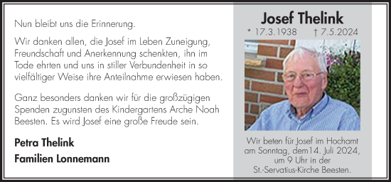 Traueranzeige von Josef Thelink von Neue Osnabrücker Zeitung GmbH & Co. KG