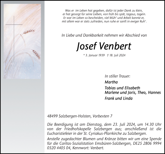 Traueranzeige von Josef Venbert von Neue Osnabrücker Zeitung GmbH & Co. KG