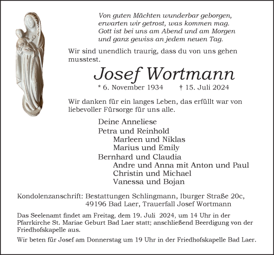 Traueranzeige von Josef Wortmann von Neue Osnabrücker Zeitung GmbH & Co. KG