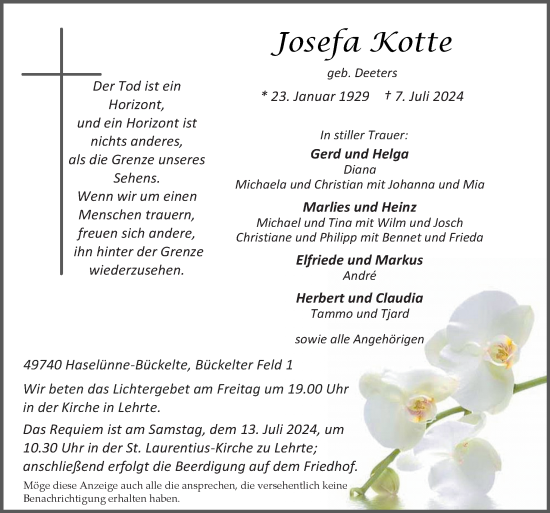 Traueranzeige von Josefa Kotte von Neue Osnabrücker Zeitung GmbH & Co. KG