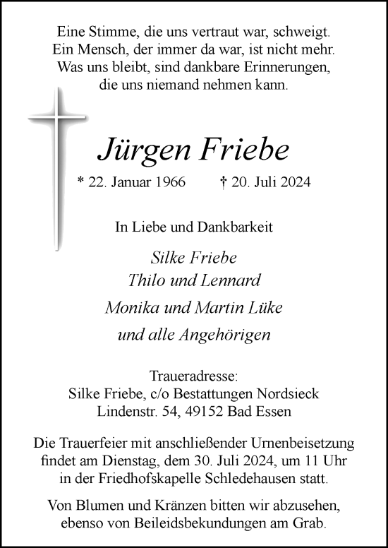 Traueranzeige von Jürgen Friebe von Neue Osnabrücker Zeitung GmbH & Co. KG