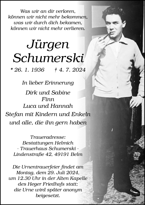 Traueranzeige von Jürgn Schumerski von Neue Osnabrücker Zeitung GmbH & Co. KG