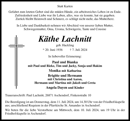 Traueranzeige von Käthe Lachnitt von Neue Osnabrücker Zeitung GmbH & Co. KG