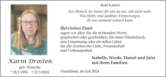 Traueranzeige von Karin Drosten von Neue Osnabrücker Zeitung GmbH & Co. KG