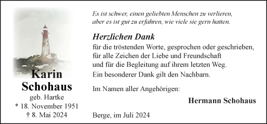 Traueranzeige von Karin Schohaus von Neue Osnabrücker Zeitung GmbH & Co. KG