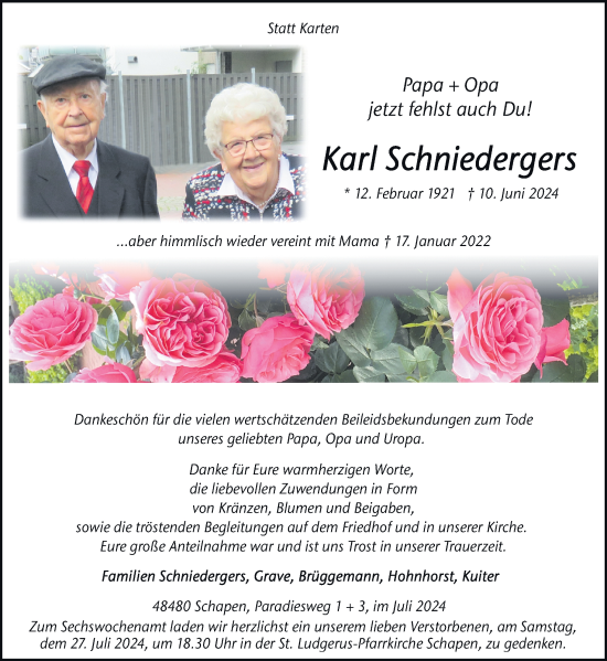 Traueranzeige von Karl Schniedergers von Neue Osnabrücker Zeitung GmbH & Co. KG
