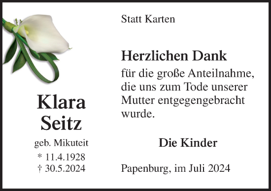 Traueranzeige von Klara Seitz von Neue Osnabrücker Zeitung GmbH & Co. KG