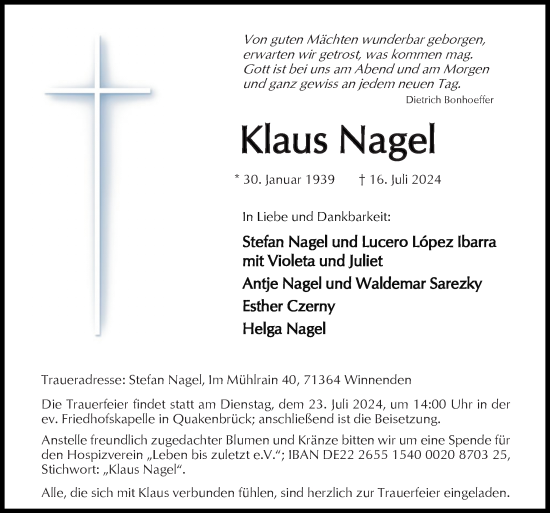Traueranzeige von Klaus Nagel von Neue Osnabrücker Zeitung GmbH & Co. KG