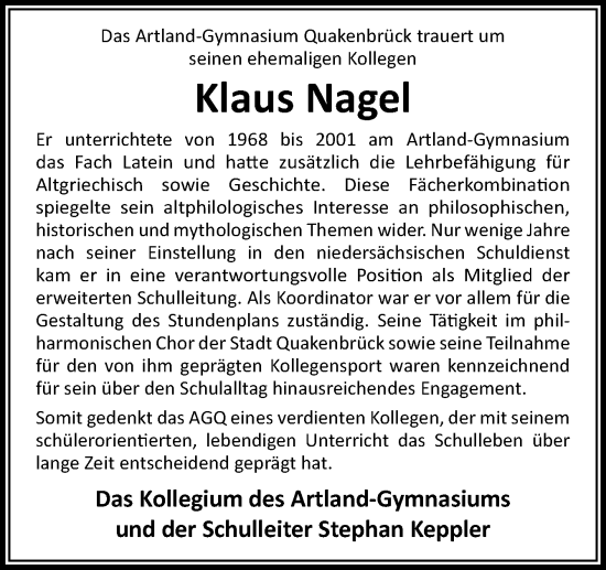 Traueranzeige von Klaus Nagel von Neue Osnabrücker Zeitung GmbH & Co. KG