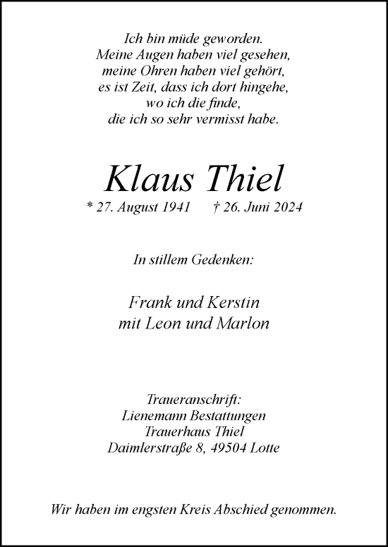 Traueranzeige von Klaus Thiel von Neue Osnabrücker Zeitung GmbH & Co. KG