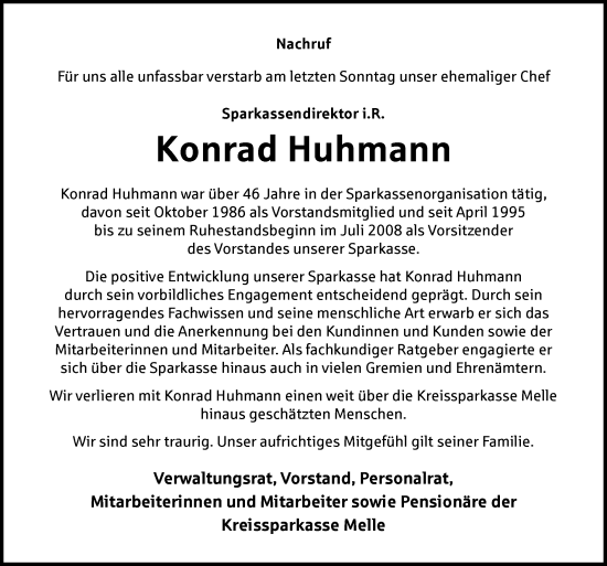 Traueranzeige von Konrad Huhmann von Neue Osnabrücker Zeitung GmbH & Co. KG