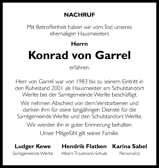 Traueranzeige von Konrad von Garrel von Neue Osnabrücker Zeitung GmbH & Co. KG