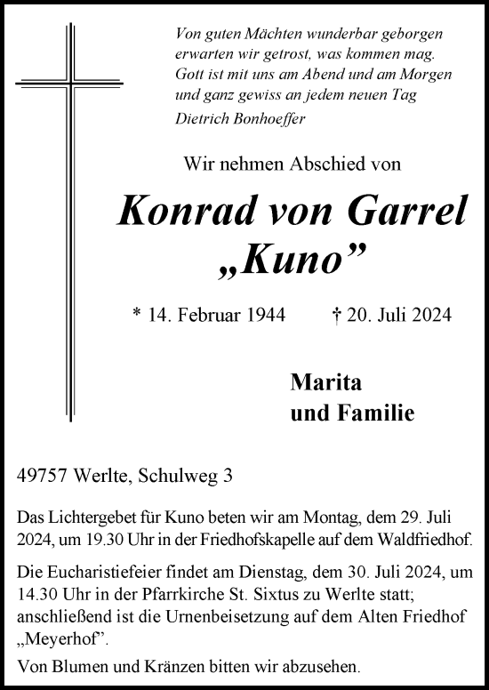 Traueranzeige von Konrad von Garrel von Neue Osnabrücker Zeitung GmbH & Co. KG