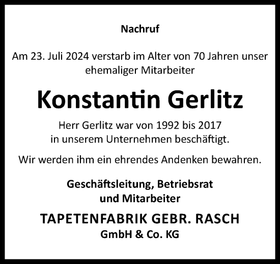 Traueranzeige von Konstantin Gerlitz von Neue Osnabrücker Zeitung GmbH & Co. KG