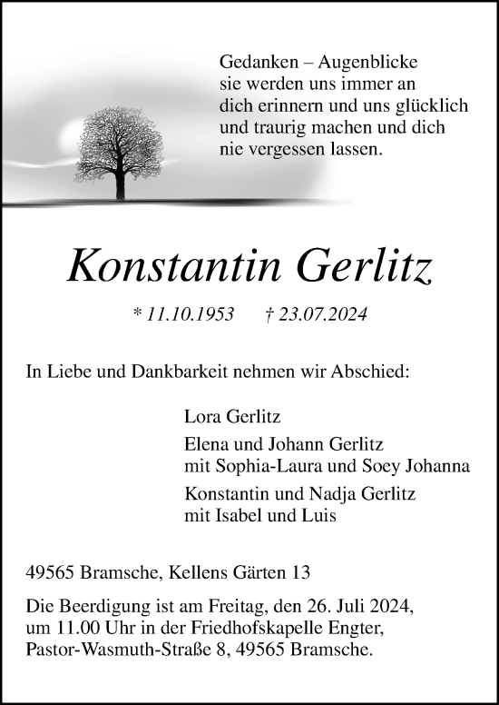 Traueranzeige von Konstantin Gerlitz von Neue Osnabrücker Zeitung GmbH &amp; Co. KG