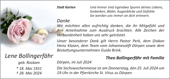 Traueranzeige von Lene Bollingerfähr von Neue Osnabrücker Zeitung GmbH & Co. KG