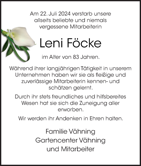 Traueranzeige von Leni Föcke von Neue Osnabrücker Zeitung GmbH & Co. KG