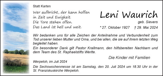 Traueranzeige von Leni Waurich von Neue Osnabrücker Zeitung GmbH & Co. KG