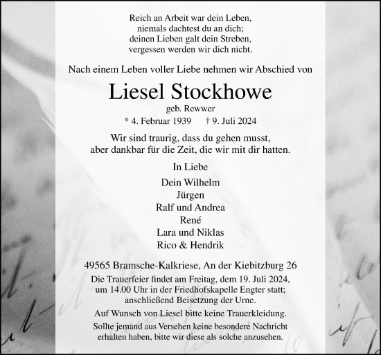 Traueranzeige von Liesel Stockhowe von Neue Osnabrücker Zeitung GmbH & Co. KG