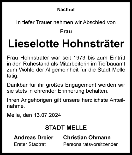 Traueranzeige von Lieselotte Hohnsträter von Neue Osnabrücker Zeitung GmbH & Co. KG