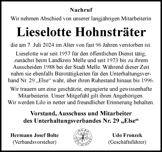 Traueranzeige von Lieselotte Hohnsträter von Neue Osnabrücker Zeitung GmbH & Co. KG