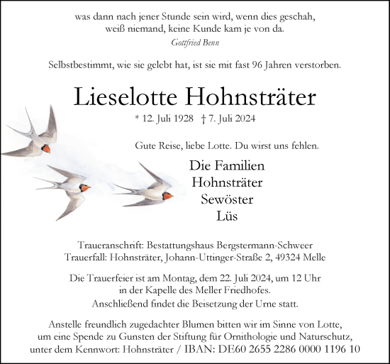 Traueranzeige von Lieselotte Hohnsträter von Neue Osnabrücker Zeitung GmbH & Co. KG