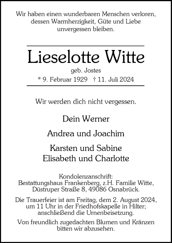Traueranzeige von Lieselotte Witte von Neue Osnabrücker Zeitung GmbH & Co. KG